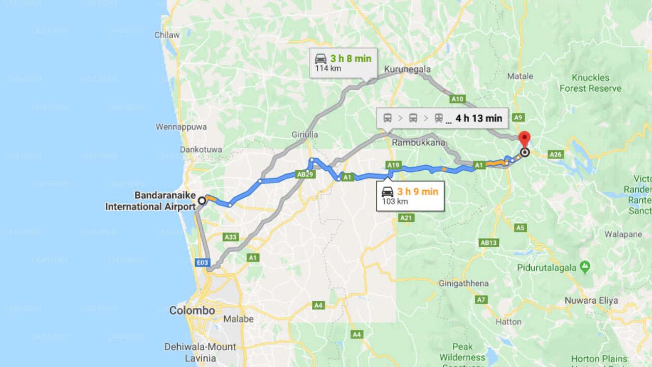 Transfer between Colombo Airport (CMB) and Lake View Rest, Kandy