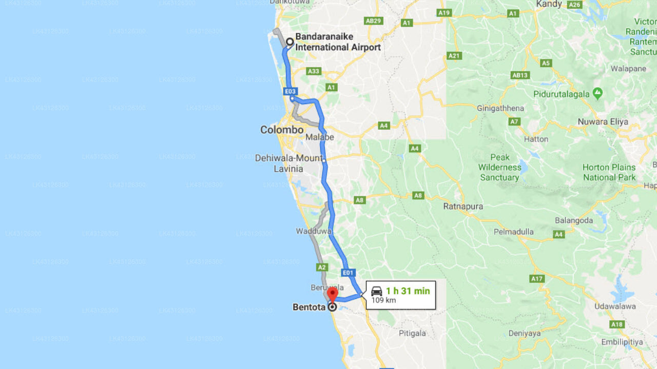 Transfer between Colombo Airport (CMB) and Sea Rock Villa, Bentota