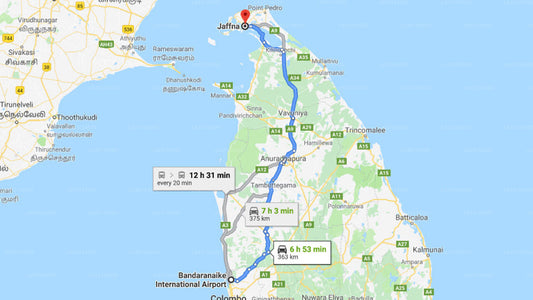 Transfer between Colombo Airport (CMB) and Gnanams Hotel, Jaffna