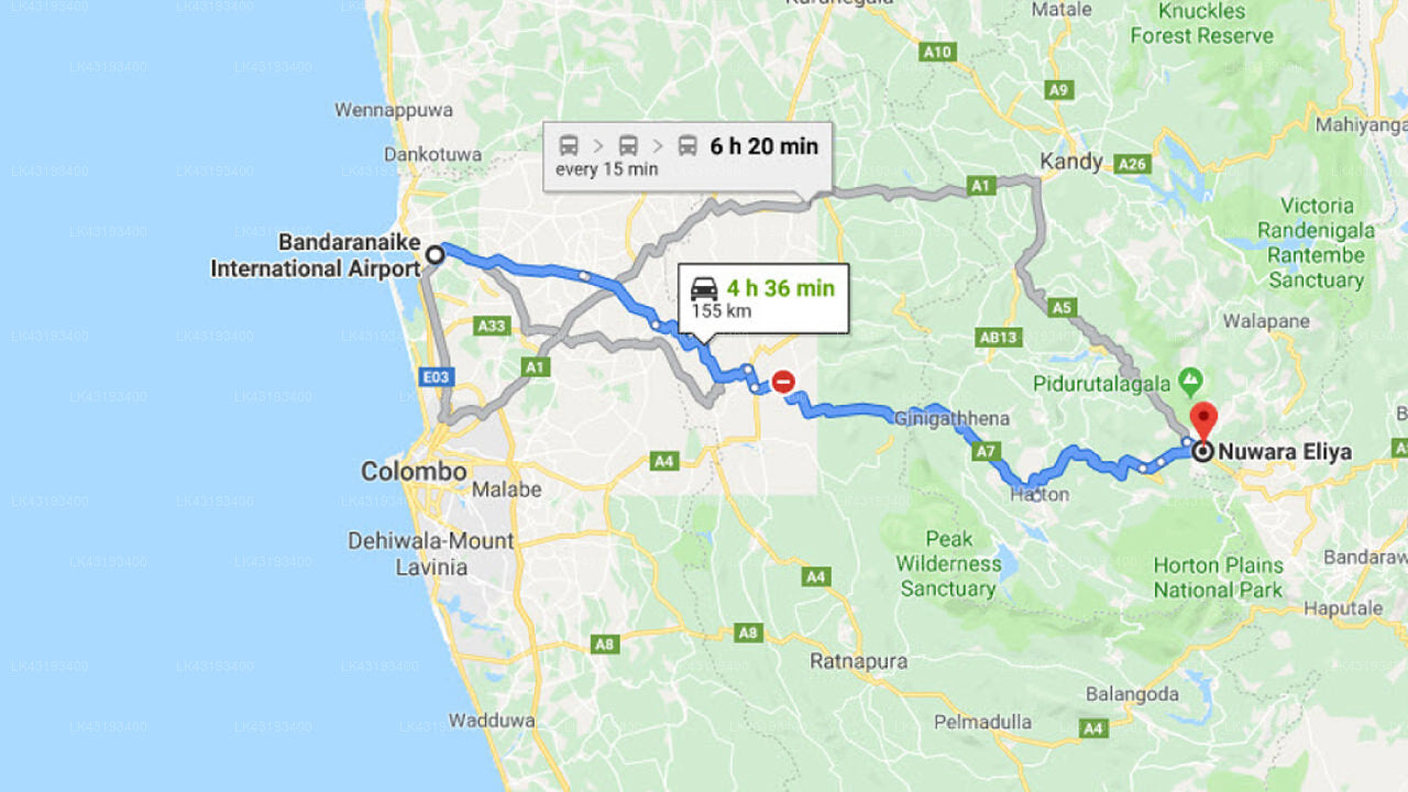 Transfer between Colombo Airport (CMB) and HW Holiday Resort, Nuwara Eliya