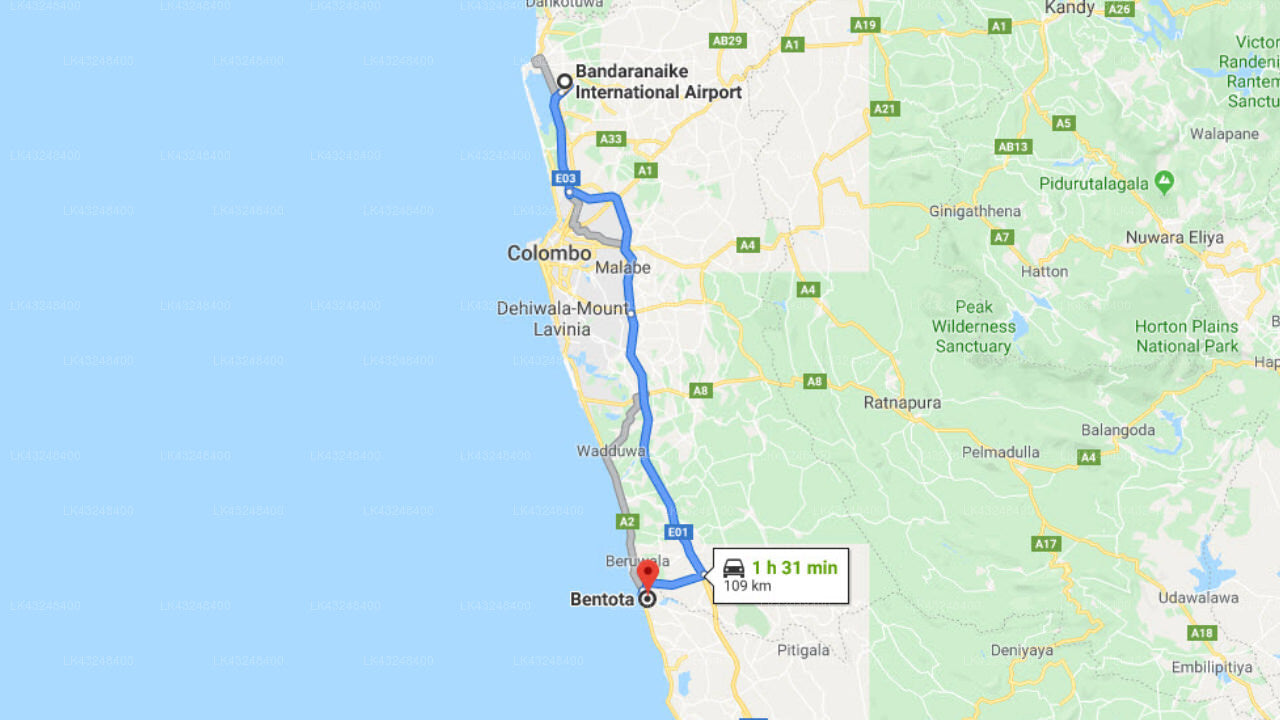 Transfer between Colombo Airport (CMB) and Riverside Inn Fuji, Bentota