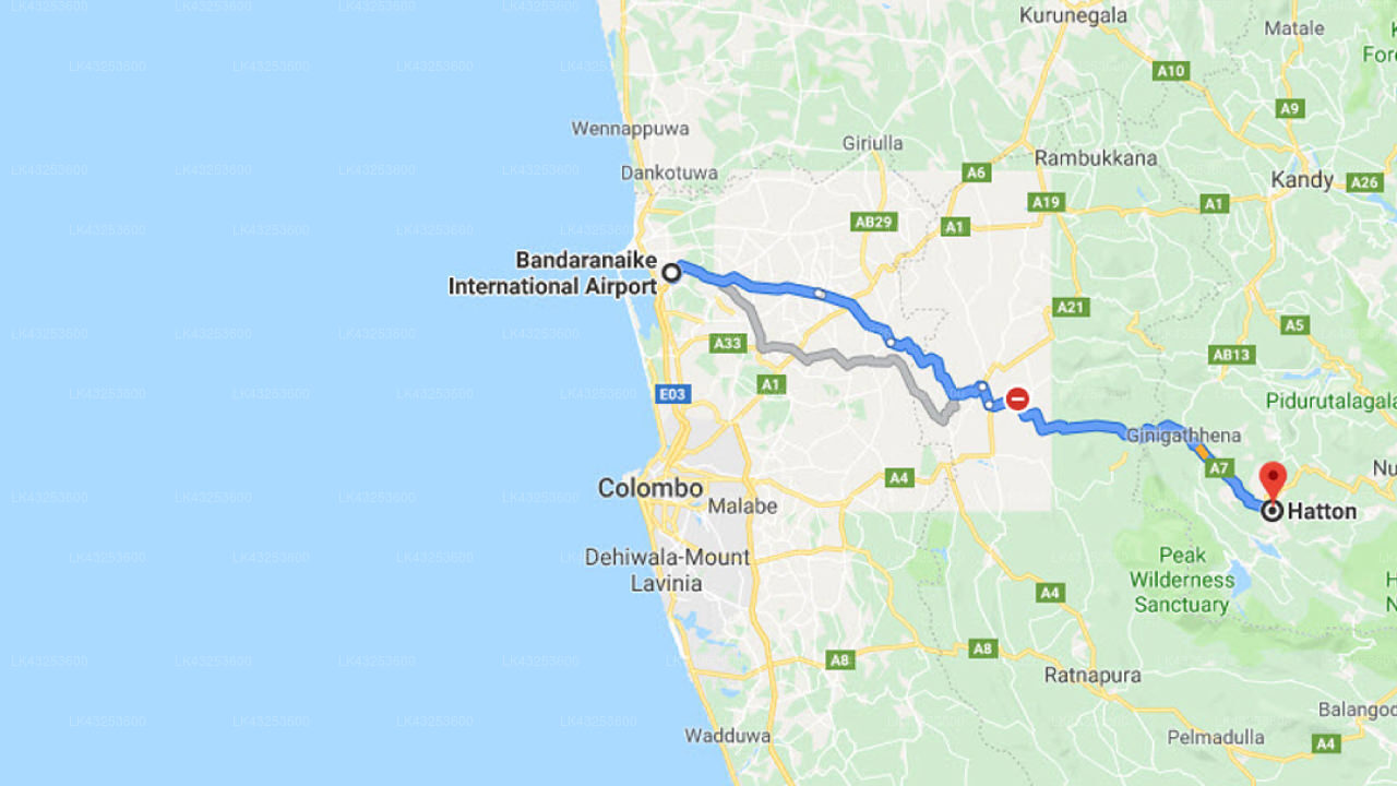 Transfer between Colombo Airport (CMB) and The Waterfall Villas, Hatton